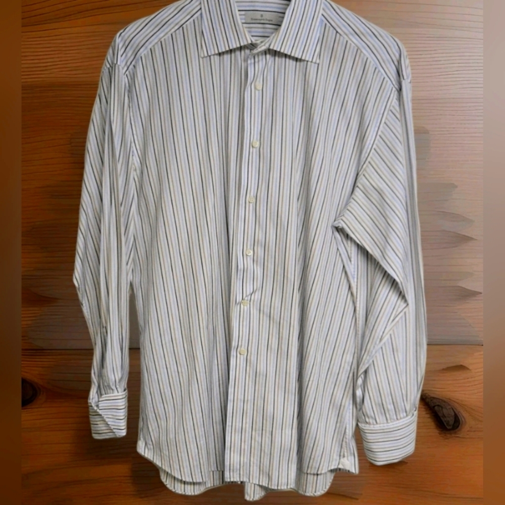 ERMEDEGILDO ZEGNA Men's Button Up Shirt French Cuff 41 16 Striped Blue Brown.